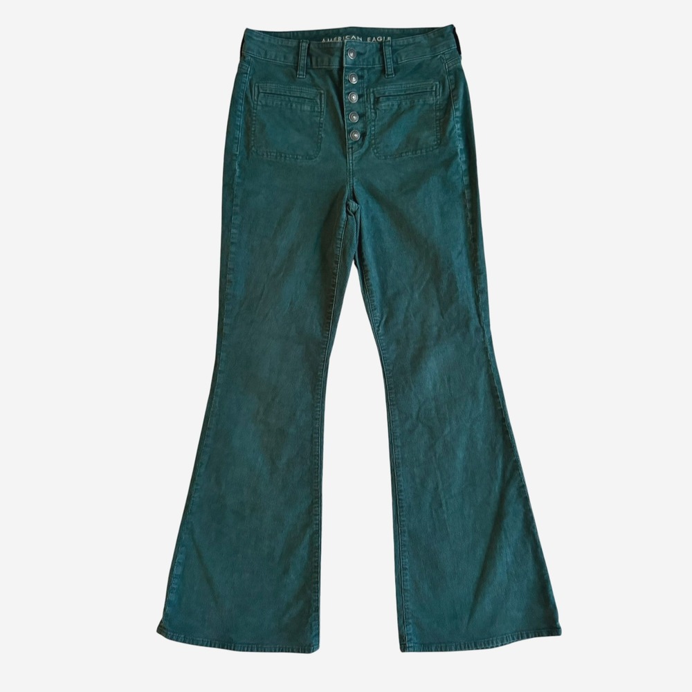 American Eagle Super Hi-Rise Flare Corduroy Pants Green Button Fly Sz 6 Boho